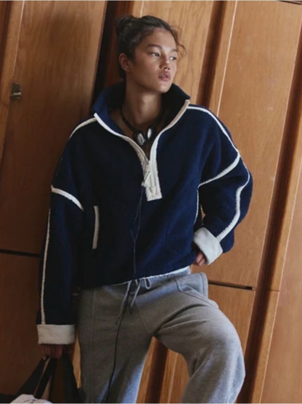 Navy Contrast-Trim Fleece Jacket